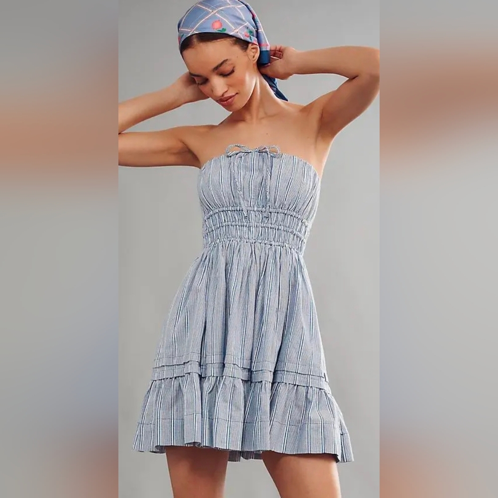 Anthropologie Somerset Light Blue Striped Strapless Mini Dress